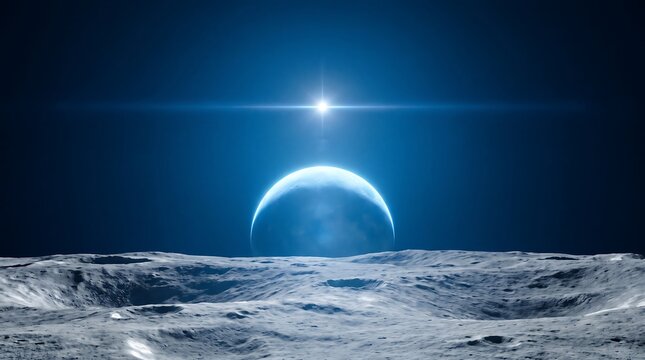 Earthrise View from the Lunar Surface, Showcasing a Bright Planet Above a Textured, Rocky Landscape. Cosmic Illustration of a Celestial Sphere.