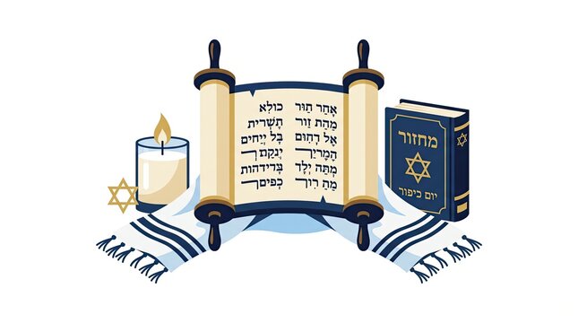 Jewish Torah scroll with Siddur prayer book tallit shawl and candle vector illustration design for Sukkot holiday
