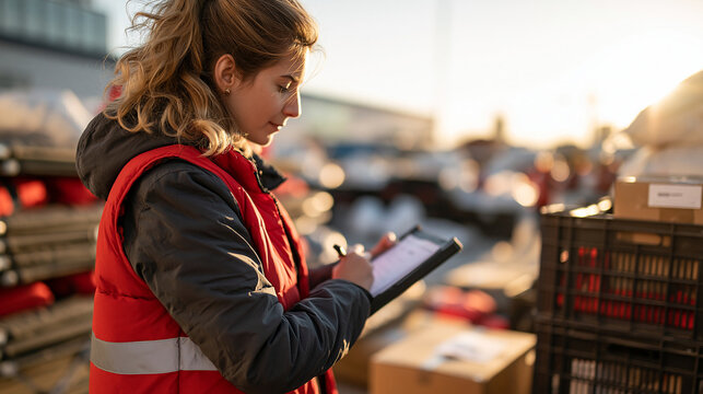 Shelter logistics coordinator labeling one critical item beside folding cots and supply crates, from-behind medium close-up in late afternoon daylight with copy space to the side.