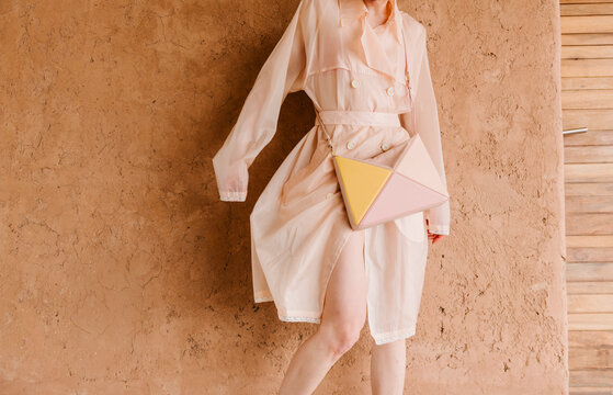 Pastel Fashion Trench Coat With Geometric Bag