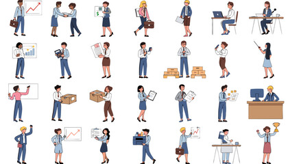 Fototapeta premium Office Workers and Business Characters Set Vector Illustration Featuring Corporate Employees and Work Activities