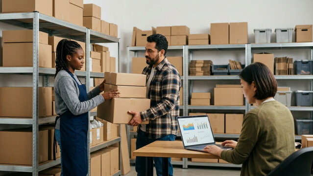 Diverse small business team manages inventory and processes orders in a warehouse storage room.