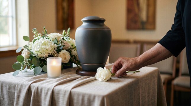 Elegant cremation tribute image featuring a white rose, memorial urn and soft light, designed to express remembrance, funeral ritual and peaceful farewell symbolism.