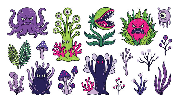 Spooky Monster Plants and Alien Organisms Vector Set with Angry Carnivorous Venus Flytrap Mutant Octopus Multi Eyed Creatures Poisonous Mushrooms and Seaweed