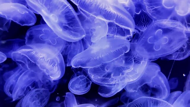 A dense swarm of translucent blue moon jellyfish floating together in an aquarium tank. Macro close up background frame packed with glowing bioluminescent marine organisms