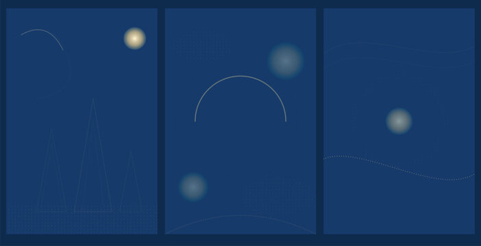 Minimalist blue abstract triptych with soft glowing spheres and line art
