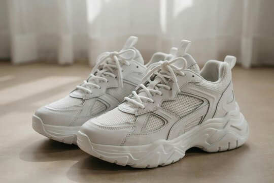 Pair of stylish white chunky sneakers on a neutral floor background