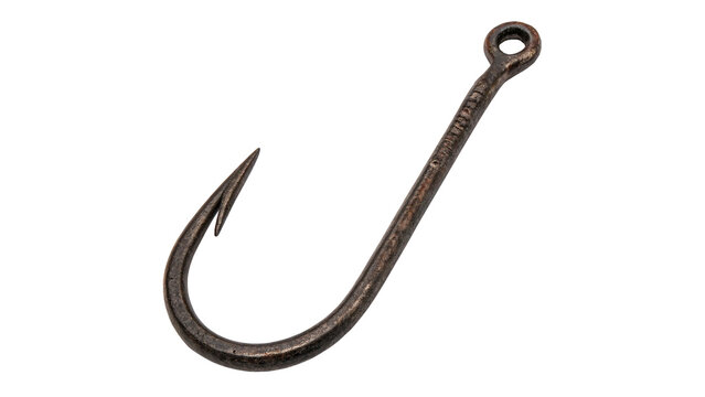 Large vintage iron fish hook hardware component isolated on dark plain background
