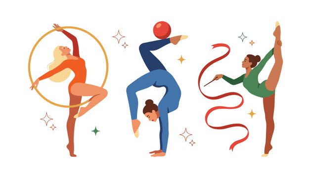 Rhythmic Gymnastics Athlete Set with Female Gymnasts Performing with Hoop Ball and Ribbon Sport Vector Illustration Collection