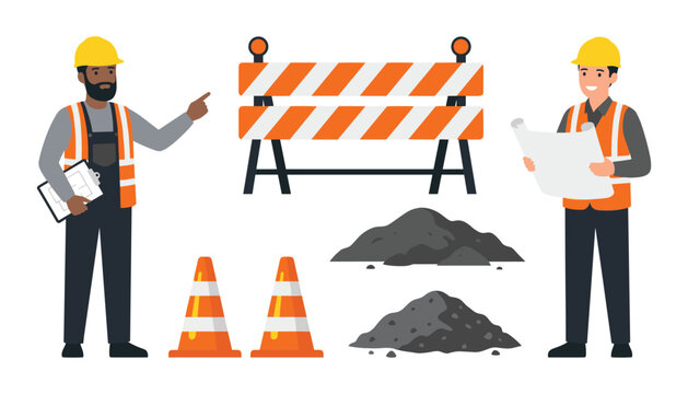 Road construction workers and safety equipment set with engineer holding blueprint builder pointing traffic cones barrier and dirt piles isolated on white background
