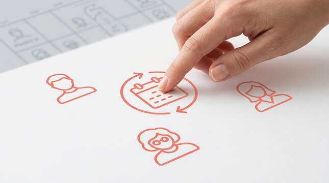 Hand pointing to a red calendar icon surrounded by person avatars on white paper, illustrating concepts of business scheduling and team coordination