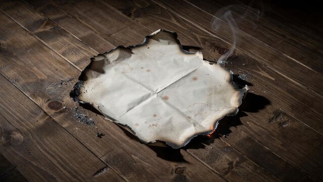 Burned letter on wooden table symbolizing loss secrets or a past relationship's end
