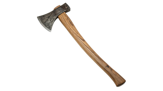 Old vintage double bit iron felling axe with long curved wooden handle