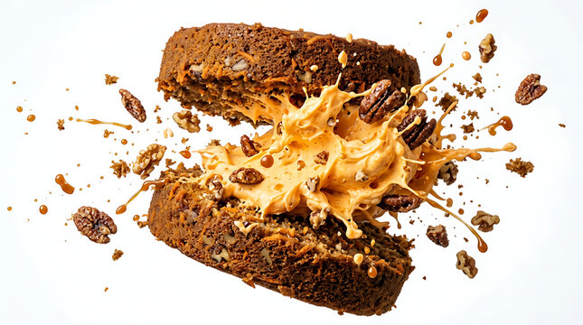 Floating gourmet desserts carrot cake explosion with frosting swirl