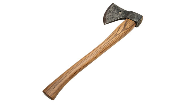 Classic vintage iron hatchet camping axe with curved wooden handle cutting tool