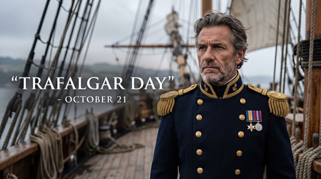 Naval officer in dark blue uniform with gold epaulettes and medals standing on the wooden deck of a historic tall ship with rigging and ropes under a cloudy sky on trafalgar day