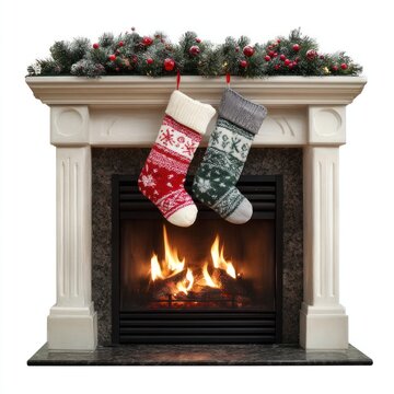 Cozy fireplace with festive stockings.