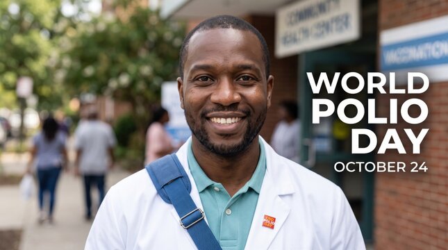 Smiling black male healthcare worker wearing a white lab coat and blue shoulder strap standing outside a community health center on polio day with blurred people walking in the background