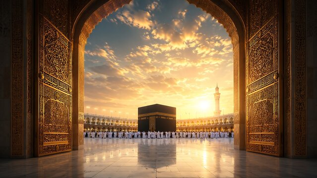 Golden sunset over sacred Kaaba with pilgrims in grand mosque courtyard viewed through ornate archway gates during Hajj pilgrimage ritual in holy city of Makkah.