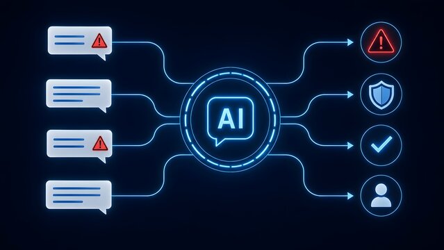 Artificial intelligence content moderation flowchart interface processing chat messages into security compliance and user validation
