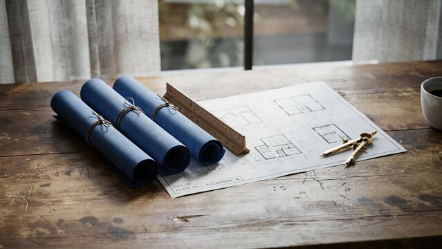 Architectural plans and tools on wooden table a blueprint for modern home design and construction