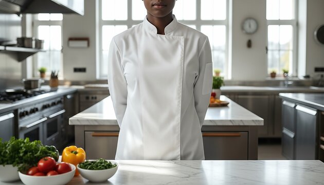Middle aged African woman wearing a blank white chef jacket in a modern restaurant kitchen