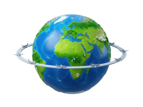 3d render of airplanes flying in a ring around the globe isolated on transparent background