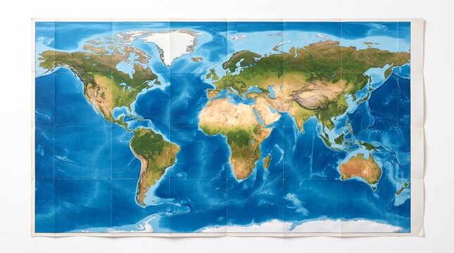 Folded physical world map showing continents and oceans displayed flatly in high resolution on white background