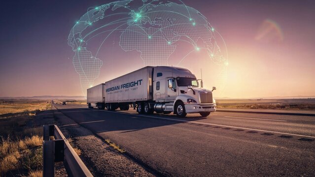 Global logistics network modern freight truck on highway with world map overlay