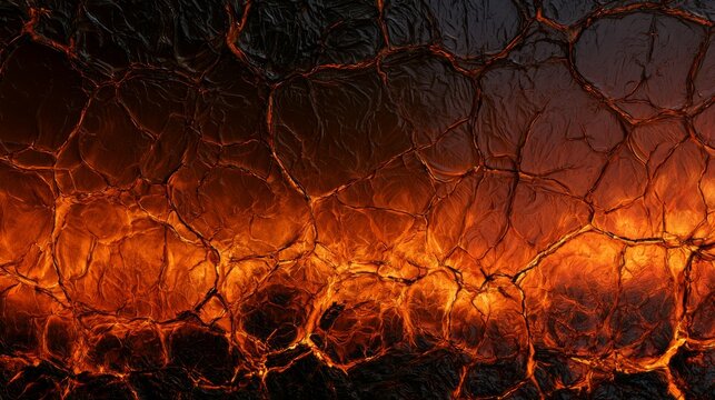 Detailed View of Textured Lava Cooling into Cracked Obsidian Glass Surface with Vibrant Orange and Black Colors