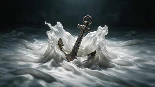 Abstract metallic boat anchor dropping splash into white satin fabric imitating sea waves.