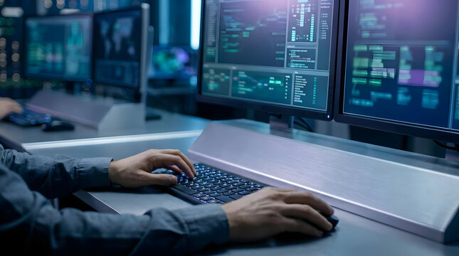 Specialist operates multiple computer screens in command center.