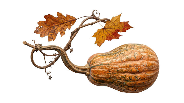 Isolated orange striped winter squash with a long vine and autumn leaves on a white background transparent background