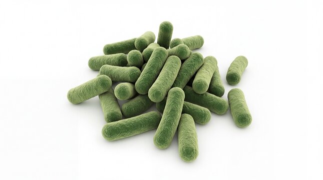 Green rod shaped bacteria cells clumped together in scientific 3d render isolated on white background