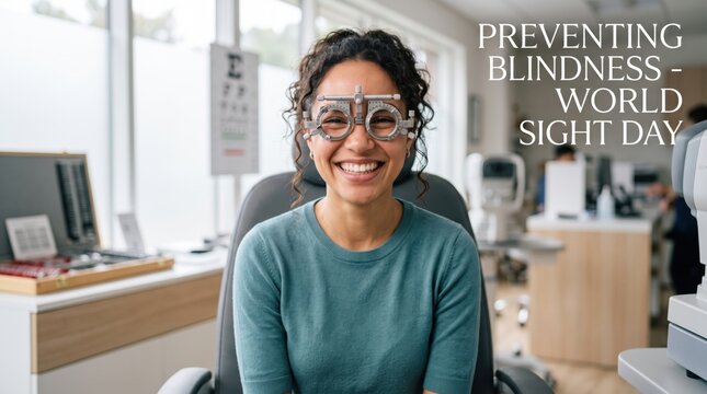 Smiling woman wearing trial frame glasses during an eye examination in a bright optometry clinic with medical equipment and eye charts visible in the background