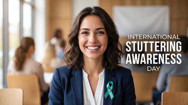Smiling woman wearing a teal awareness ribbon on a dark blue blazer in a blurred office setting with international stuttering awareness day text overlay
