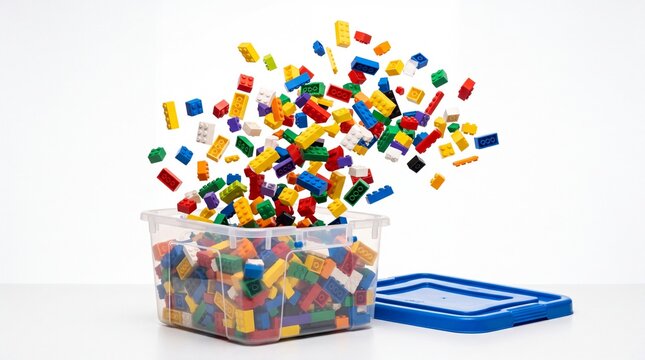 Colorful plastic toy bricks exploding out of transparent storage box for kids on white background