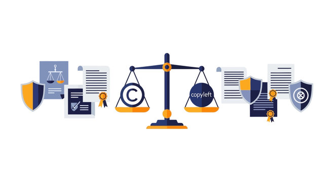 Copyright vs Copyleft Intellectual Property Law Concept Illustration with Scales and Legal Documents