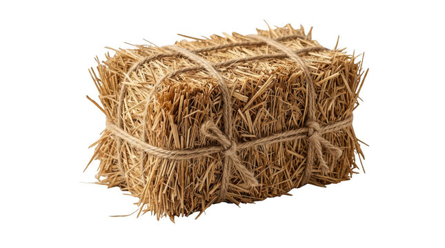 Isolated small square bundle of dry golden straw tied with rustic twine rope transparent background