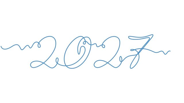 Minimalist one line art animation of year 2027 text on a white background, Animated self drawing of continuous line draw of 2027 New Year. Full length one line animation. 4K, 2027 continuous one line.