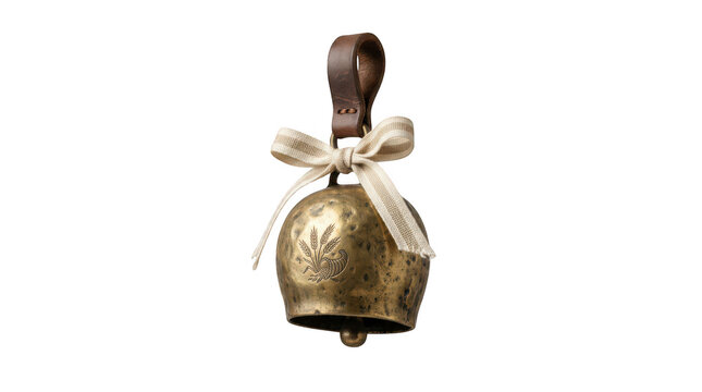 Vintage rustic brass cow bell with leather strap and decorative ribbon isolated on white background transparent background