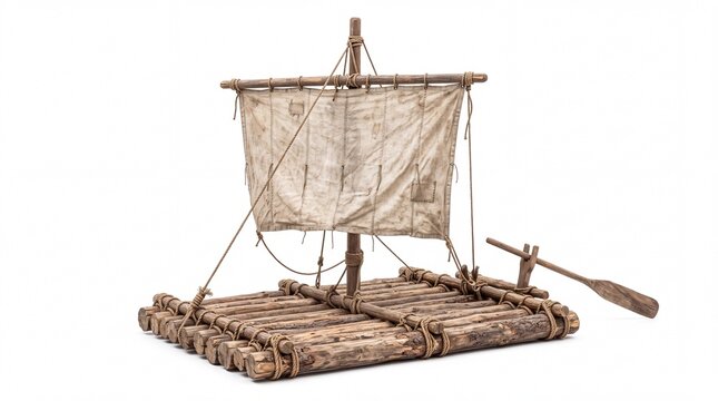 Primitive wooden log raft featuring a vintage fabric sail and oar displayed on white background