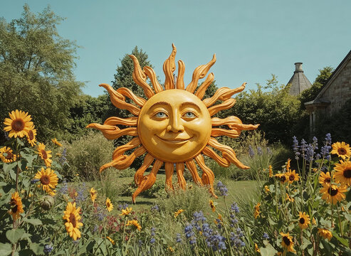 Massive sundial happy smile lush green garden flowers