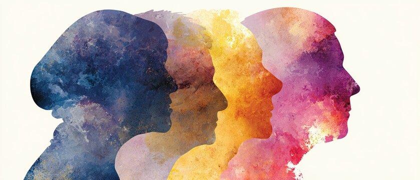 Abstract watercolor overlapping silhouette profiles of older people. Colorful artistic background concept for aging, memory care, and mental health