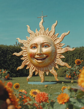 Big golden sundial statue manicured garden sunflowers