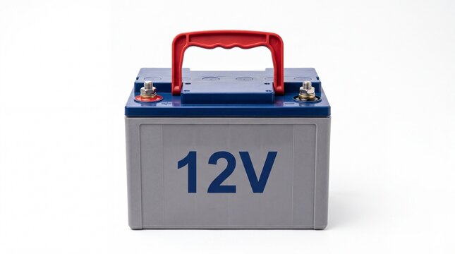 Rechargeable lead acid twelve volt battery with red handle and blue cap on white background