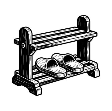 Hand-drawn illustration of indoor slippers placed on a wooden shoe rack shelf