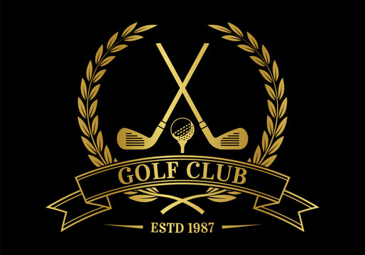 Golf club golden logo, icon or badge with crossed golf clubs and ball on tee. Vector illustration.    