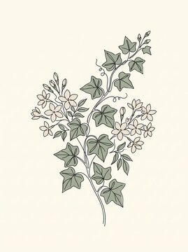Ivy Botanical Drawing with Delicate Flowers in a Minimalist Single Line Art Style