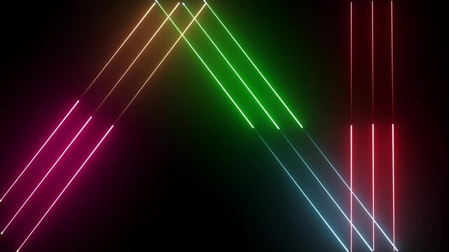 Vibrant Neon Lines Dancing Across Black Background with Cinematic Motion and Copy Space